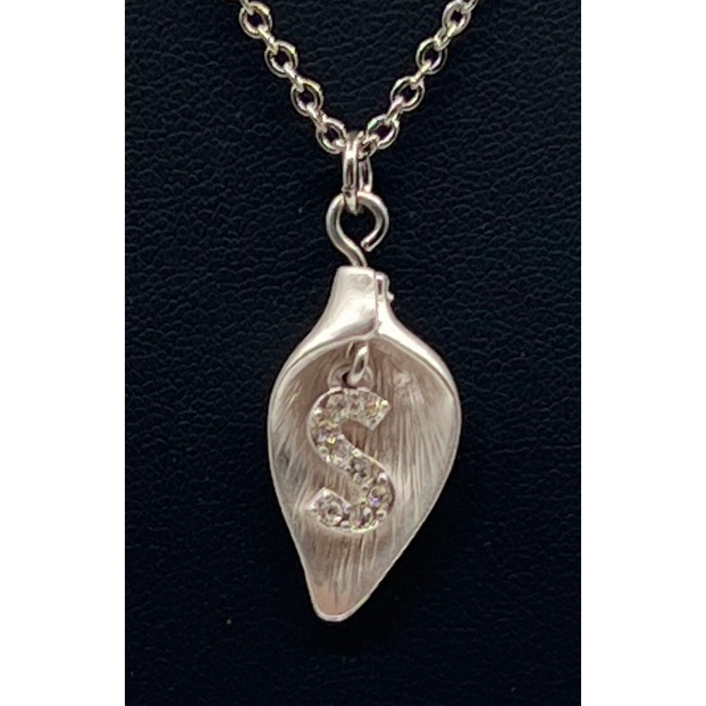 JL Designs Silver Tone Calla Lily Initial S Crystal Pendant Necklace